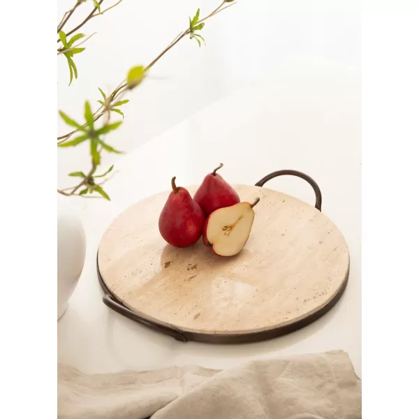 imageKate and Laurel Hazeltine Round Travertine Serving Tray with Handles 14 x 16 Natural Travertine and Bronze Transitional FoodSafe Stone Circle Tray for Coffee Table Tray or Charcuterie Board