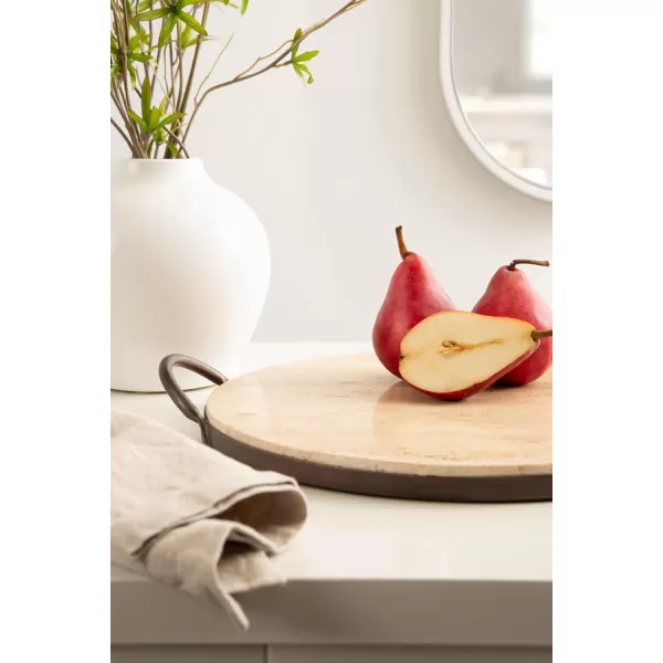 imageKate and Laurel Hazeltine Round Travertine Serving Tray with Handles 14 x 16 Natural Travertine and Bronze Transitional FoodSafe Stone Circle Tray for Coffee Table Tray or Charcuterie Board