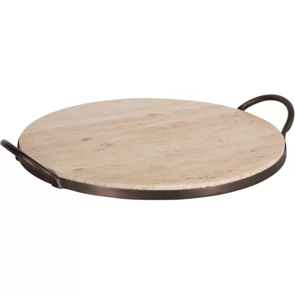 imageKate and Laurel Hazeltine Round Travertine Serving Tray with Handles 14 x 16 Natural Travertine and Bronze Transitional FoodSafe Stone Circle Tray for Coffee Table Tray or Charcuterie Board