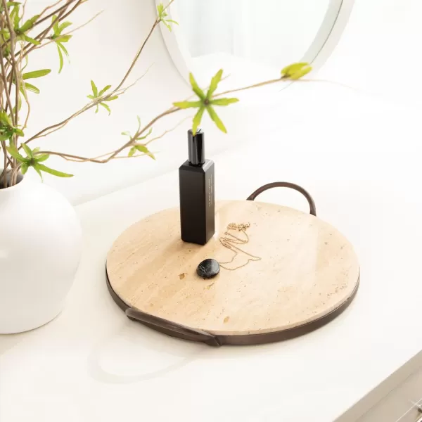 imageKate and Laurel Hazeltine Round Travertine Serving Tray with Handles 14 x 16 Natural Travertine and Bronze Transitional FoodSafe Stone Circle Tray for Coffee Table Tray or Charcuterie Board