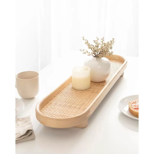 imageKate and Laurel Planche Decorative Capsule Woven Tray with Solid Wood Frame 27 x 8 Natural Brown Modern Slim Wood Rectangle Serving Tray for Living RoomNatural