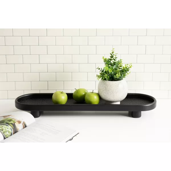 imageKate and Laurel Planche Decorative Capsule Woven Tray with Solid Wood Frame 27 x 8 Natural Brown Modern Slim Wood Rectangle Serving Tray for Living RoomBlack