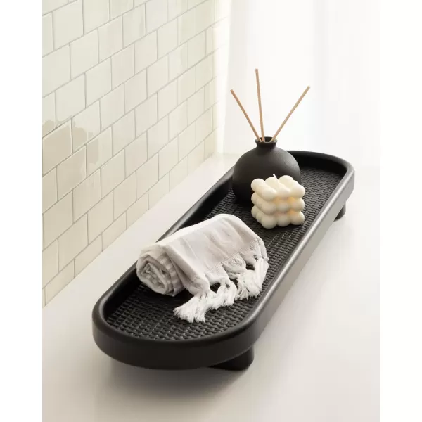 imageKate and Laurel Planche Decorative Capsule Woven Tray with Solid Wood Frame 27 x 8 Natural Brown Modern Slim Wood Rectangle Serving Tray for Living RoomBlack