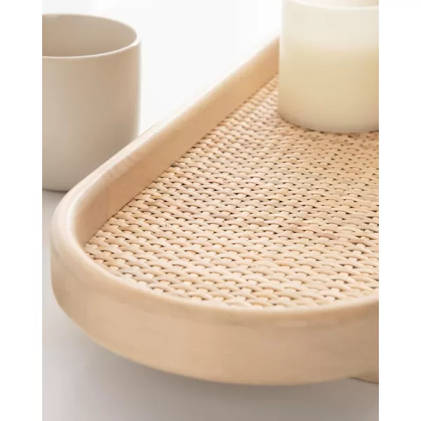 imageKate and Laurel Planche Decorative Capsule Woven Tray with Solid Wood Frame 27 x 8 Natural Brown Modern Slim Wood Rectangle Serving Tray for Living RoomNatural