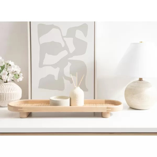 imageKate and Laurel Planche Decorative Capsule Woven Tray with Solid Wood Frame 27 x 8 Natural Brown Modern Slim Wood Rectangle Serving Tray for Living RoomNatural