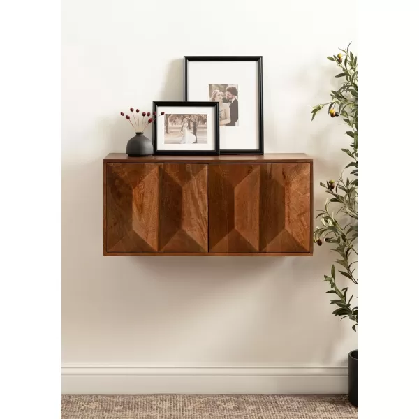 imageKate and Laurel Ranier Modern Wooden TwoDoor Wall Cabinet 30 x 10 x 14 Black Decorative Storage Cabinet with Dimensional Face for Use as Floating Nightstand or Floating TV ShelfWalnut Brown