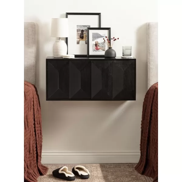 imageKate and Laurel Ranier Modern Wooden TwoDoor Wall Cabinet 30 x 10 x 14 Black Decorative Storage Cabinet with Dimensional Face for Use as Floating Nightstand or Floating TV ShelfBlack