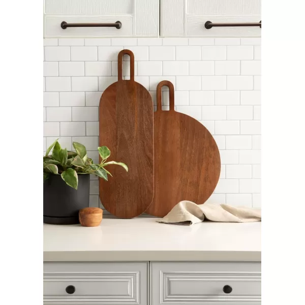 imageKate and Laurel Staven Transitional TwoPiece Serving Boards Set 7 x 22 and 14 x 18 Walnut Brown Modern FoodSafe Charcuterie Boards from Solid Mango Wood for Use as Kitchen Countertop Decor