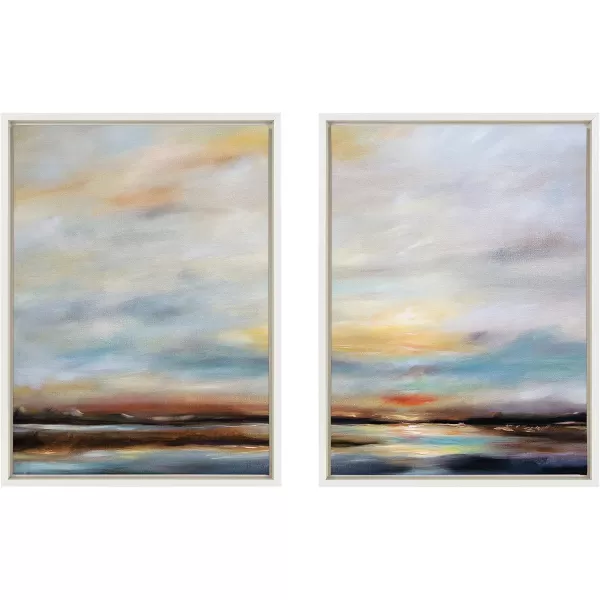 imageKate and Laurel Sylvie Carolina Sunset Diptych Framed Canvas Wall Art Set by Mary Sparrow 2 piece 18x24 Gold Natural Beach Landscape Art Set for Home Wall DcorWhite