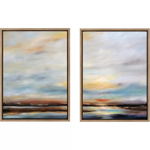 imageKate and Laurel Sylvie Carolina Sunset Diptych Framed Canvas Wall Art Set by Mary Sparrow 2 piece 18x24 Gold Natural Beach Landscape Art Set for Home Wall DcorGold