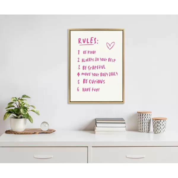 imageKate and Laurel Sylvie House Rules Framed Canvas Wall Art by Honey Island Studio 18x24 Natural Cute Pink House Rules Art for WallBright Gold