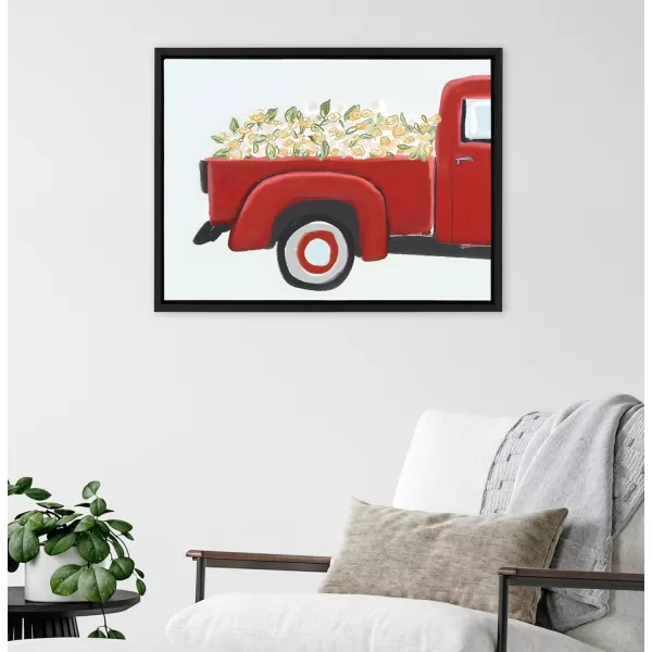 imageKate and Laurel Sylvie Red Truck with Flowers Framed Canvas Wall Art by Border Bloom 18x24 Black Americana Red Truck Decor for Wall