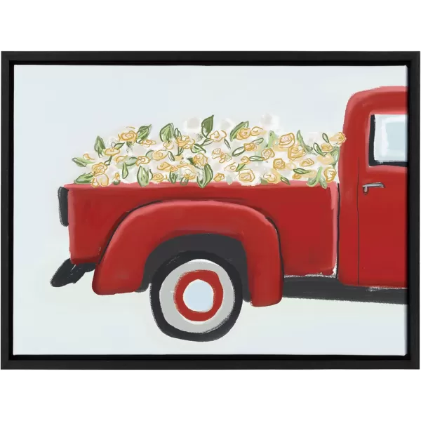 imageKate and Laurel Sylvie Red Truck with Flowers Framed Canvas Wall Art by Border Bloom 18x24 Black Americana Red Truck Decor for Wall