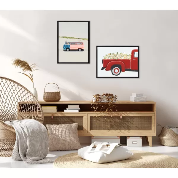 imageKate and Laurel Sylvie Red Truck with Flowers Framed Canvas Wall Art by Border Bloom 18x24 Black Americana Red Truck Decor for Wall