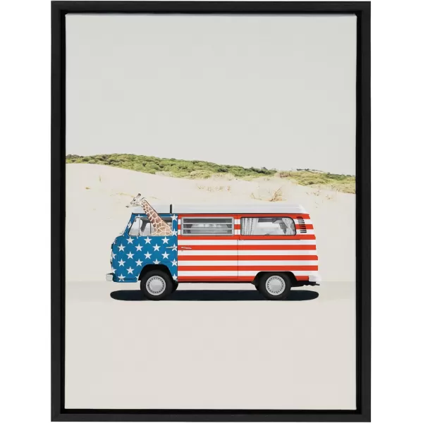 imageKate and Laurel Sylvie USA Retro Beach Van Framed Canvas Wall Art by July Art Prints 23x33 Natural Coastal Fourth of July Decor for WallBlack