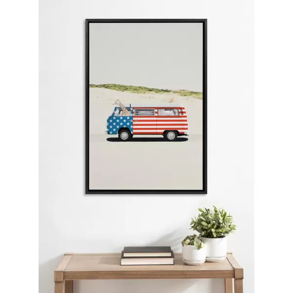 imageKate and Laurel Sylvie USA Retro Beach Van Framed Canvas Wall Art by July Art Prints 23x33 Natural Coastal Fourth of July Decor for WallBlack