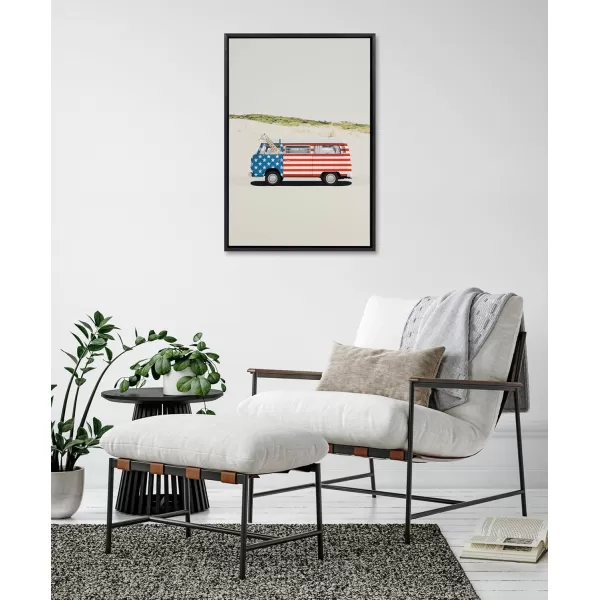 imageKate and Laurel Sylvie USA Retro Beach Van Framed Canvas Wall Art by July Art Prints 23x33 Natural Coastal Fourth of July Decor for WallBlack