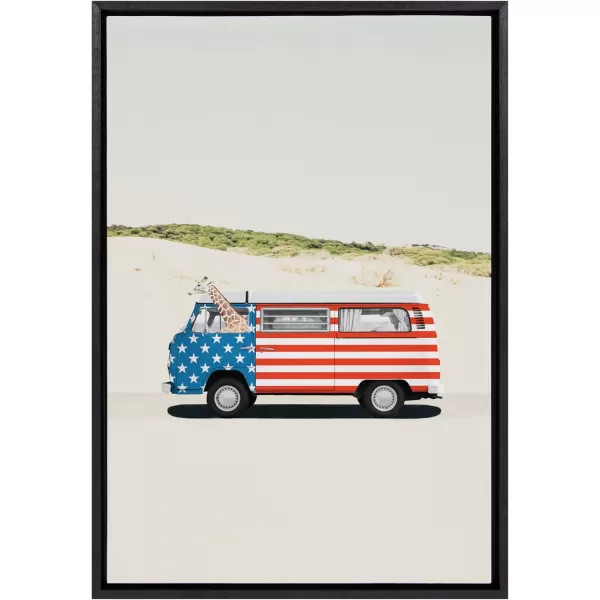 imageKate and Laurel Sylvie USA Retro Beach Van Framed Canvas Wall Art by July Art Prints 23x33 Natural Coastal Fourth of July Decor for WallBlack