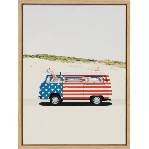 imageKate and Laurel Sylvie USA Retro Beach Van Framed Canvas Wall Art by July Art Prints 23x33 Natural Coastal Fourth of July Decor for WallNatural