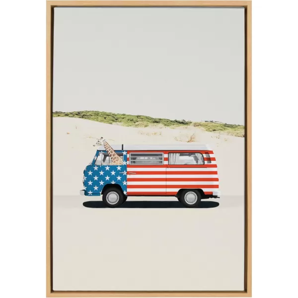 imageKate and Laurel Sylvie USA Retro Beach Van Framed Canvas Wall Art by July Art Prints 23x33 Natural Coastal Fourth of July Decor for WallNatural