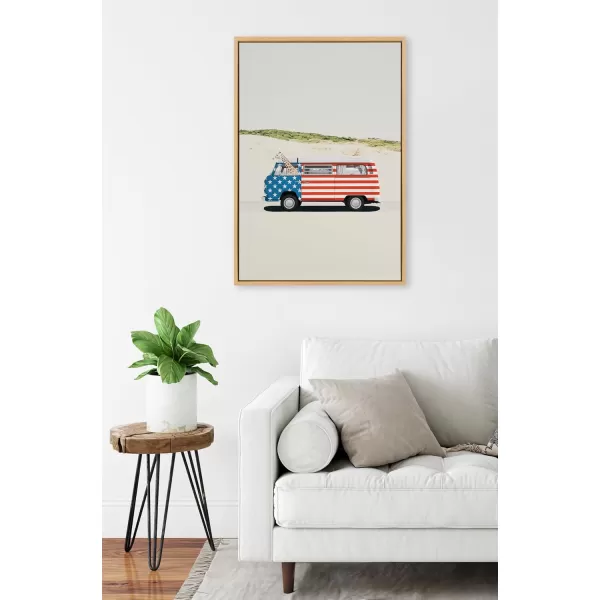 imageKate and Laurel Sylvie USA Retro Beach Van Framed Canvas Wall Art by July Art Prints 23x33 Natural Coastal Fourth of July Decor for WallNatural