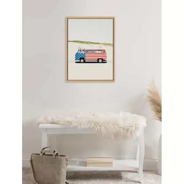 imageKate and Laurel Sylvie USA Retro Beach Van Framed Canvas Wall Art by July Art Prints 23x33 Natural Coastal Fourth of July Decor for WallNatural