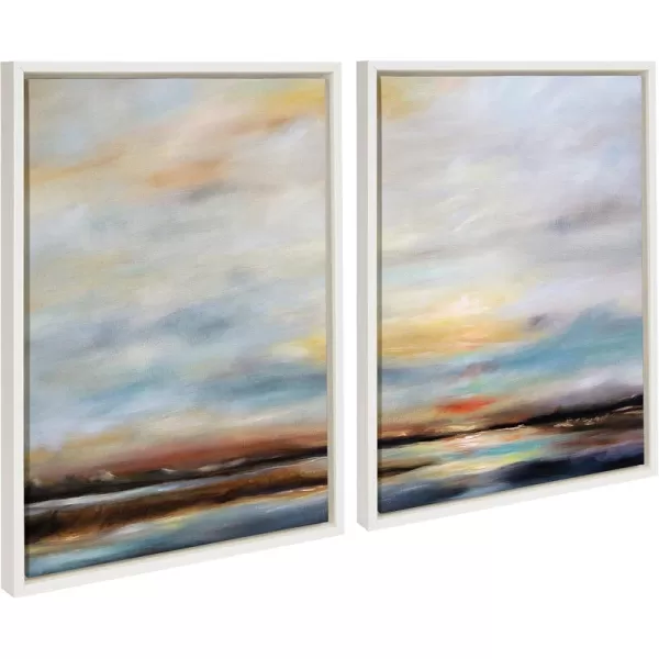 imageKate and Laurel Sylvie Carolina Sunset Diptych Framed Canvas Wall Art Set by Mary Sparrow 2 piece 18x24 Gold Natural Beach Landscape Art Set for Home Wall DcorWhite
