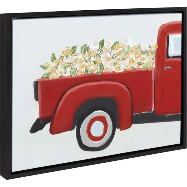 imageKate and Laurel Sylvie Red Truck with Flowers Framed Canvas Wall Art by Border Bloom 18x24 Black Americana Red Truck Decor for Wall