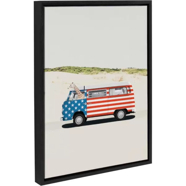 imageKate and Laurel Sylvie USA Retro Beach Van Framed Canvas Wall Art by July Art Prints 23x33 Natural Coastal Fourth of July Decor for WallBlack