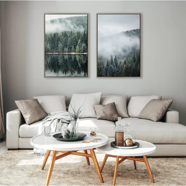 imageKate and Laurel Sylvie Evergreens In Fog Framed Canvas Wall Art by Emiko and Mark Franzen of F2Images 23x33 Brown Natural Mountain Tree Landscape Art for Wall DecorGray