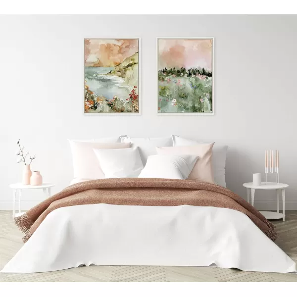 imageKate and Laurel Sylvie Landscape 01 Framed Canvas Wall Art by Annie Quigley 18x24 Natural Soft Watercolor Nature Landscape with Greenery Art for Wall DecorWhite