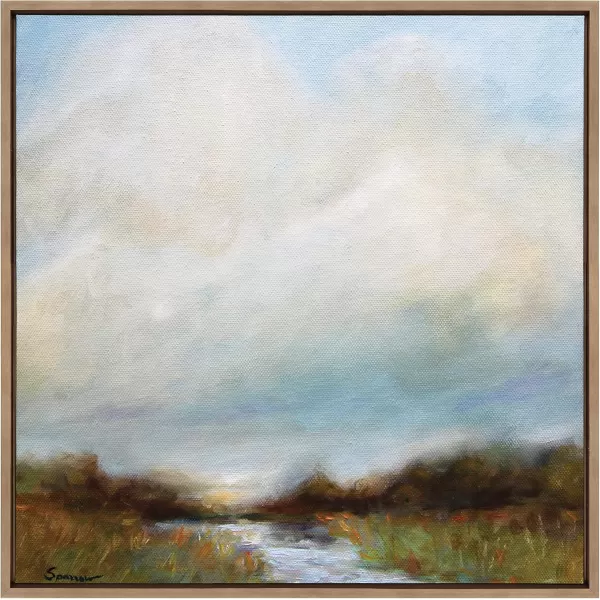 imageKate and Laurel Sylvie Tranquility Framed Canvas Wall Art by Mary Sparrow 30x30 Gold Peaceful Nature Ocean Beach Landscape Art for WallGold
