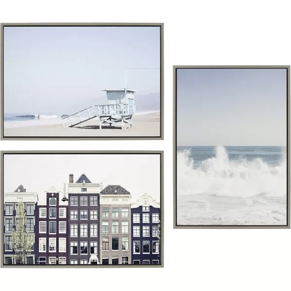imageKate and Laurel Sylvie Waves Crashing Framed Canvas Wall Art by Caroline Mint 23x33 White Chic Coastal Wall DecorGrey