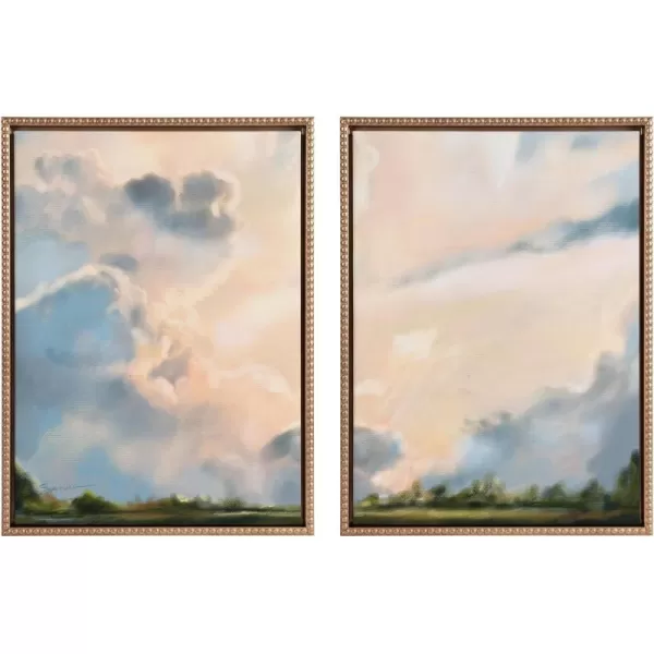 imageKate and Laurel Sylvie Beaded Clouds Vintage Framed Canvas Wall Art Set by Mary Sparrow 2 Piece Set 18x24 Gold Nature Landscape Art Set for Wall