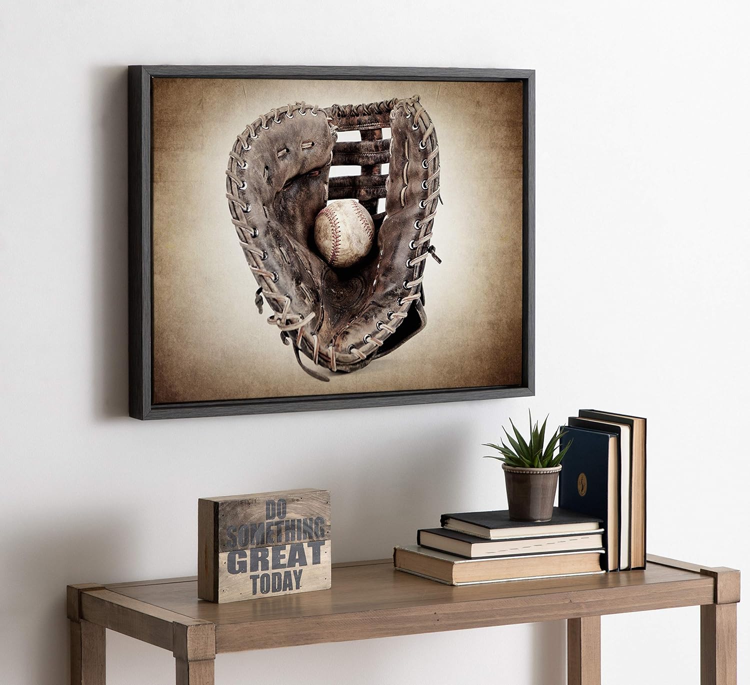 imageDesignOvation Sylvie Vintage Baseball Glove Framed Canvas Wall Art by Shawn St Peter 18x24 Gray SportsThemed Home Decor