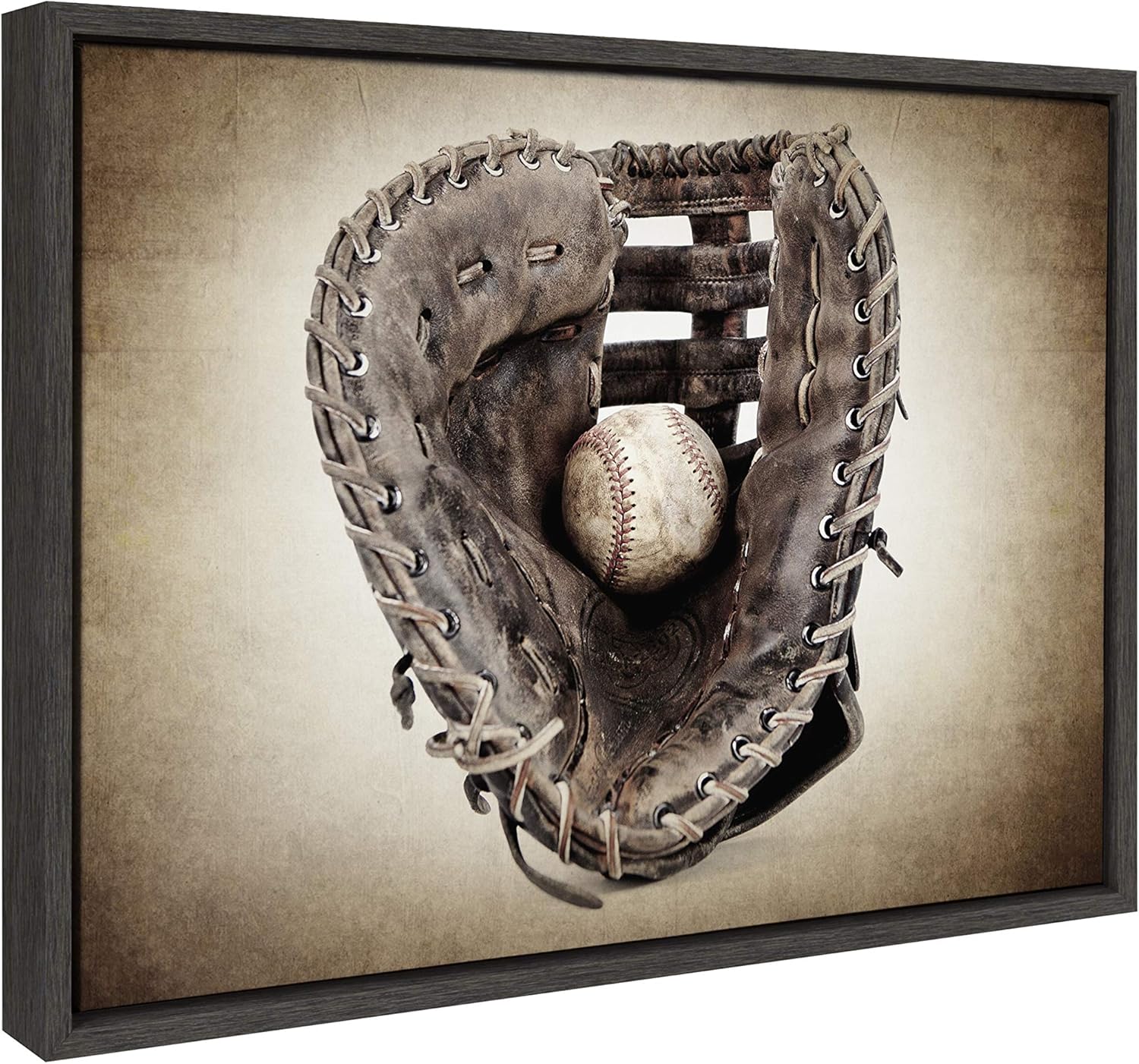 imageDesignOvation Sylvie Vintage Baseball Glove Framed Canvas Wall Art by Shawn St Peter 18x24 Gray SportsThemed Home Decor