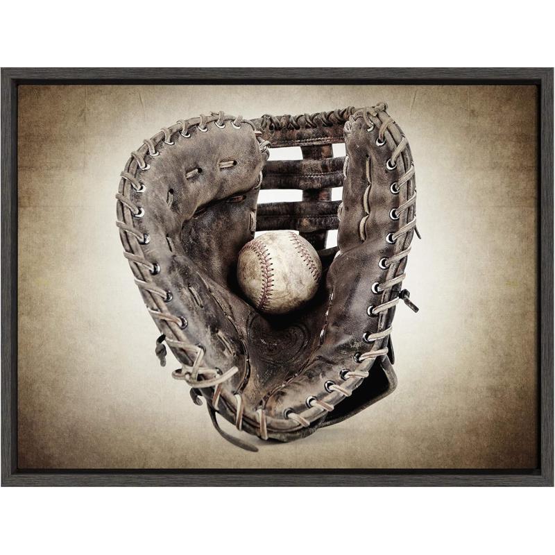imageDesignOvation Sylvie Vintage Baseball Glove Framed Canvas Wall Art by Shawn St Peter 18x24 Gray SportsThemed Home Decor