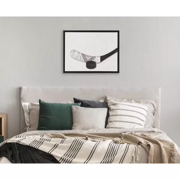 imageDesignOvation Sylvie Horizontal Hockey Stick and Puck Portrait Framed Canvas Wall Art 18x24 Black Sporty Wall Decor for Home