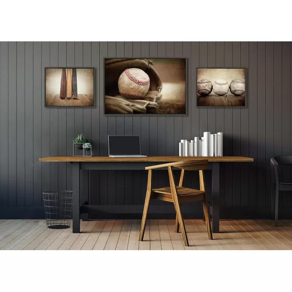 imageKate and Laurel Sylvie Three Vintage Bats Baseball Glove at Home Plate and Three Vintage Baseballs Framed Canvas Wall Art Set by Saint and Sailor Studios 3 Piece Set Gray Retro Baseball Art Set