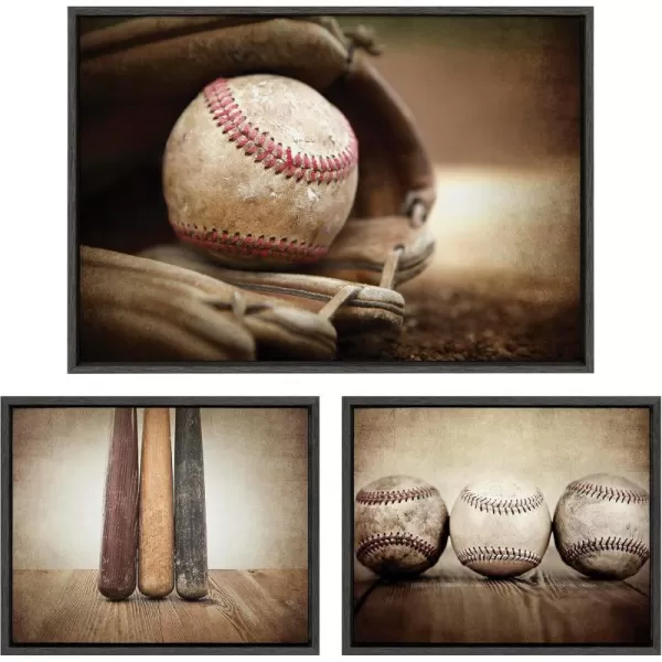 imageKate and Laurel Sylvie Three Vintage Bats Baseball Glove at Home Plate and Three Vintage Baseballs Framed Canvas Wall Art Set by Saint and Sailor Studios 3 Piece Set Gray Retro Baseball Art Set