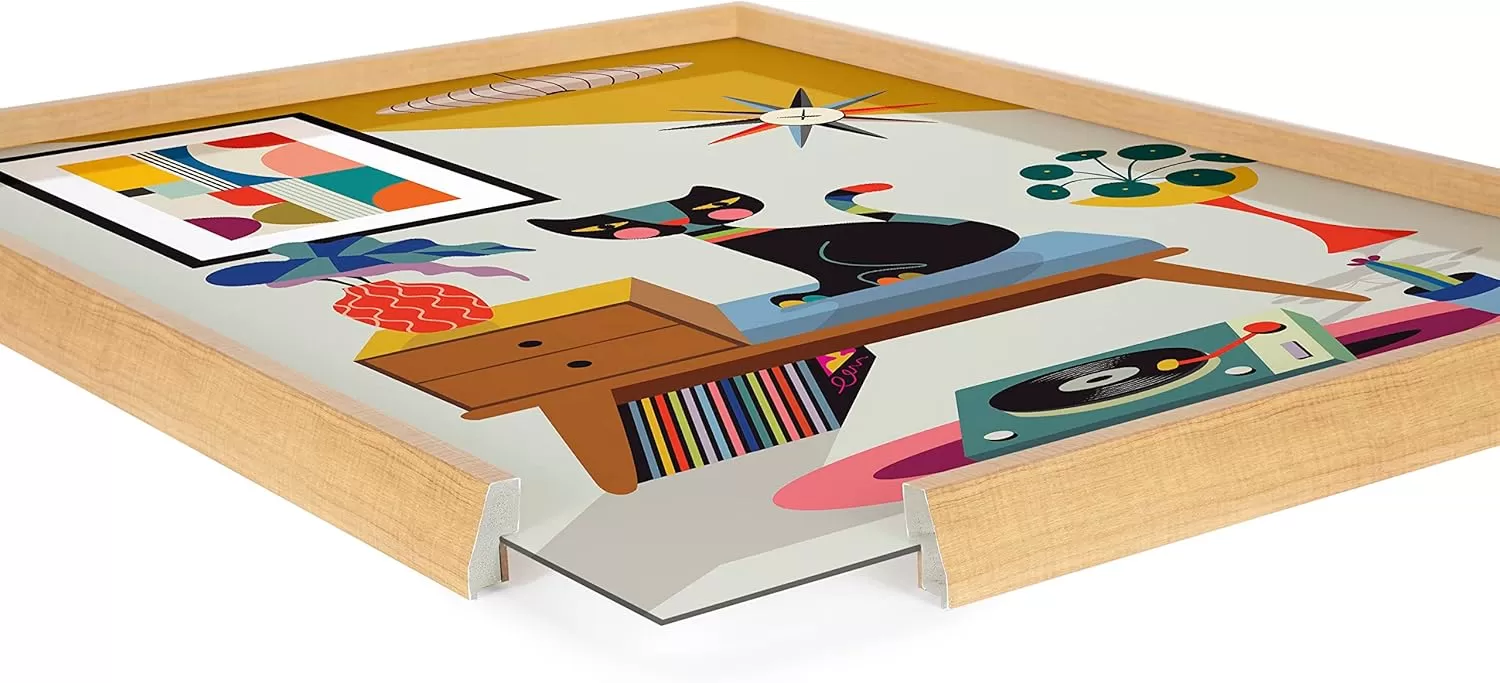 imageKate and Laurel Blake Record Player Framed Printed Glass Wall Art by Rachel Lee of My Dream Wall 18x24 Natural Decorative Colorful Animal Art Print for Wall