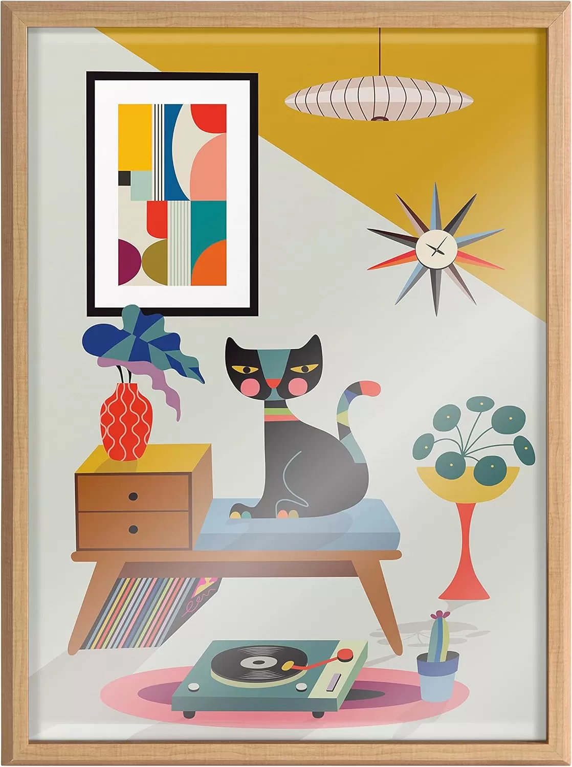 imageKate and Laurel Blake Record Player Framed Printed Glass Wall Art by Rachel Lee of My Dream Wall 18x24 Natural Decorative Colorful Animal Art Print for Wall