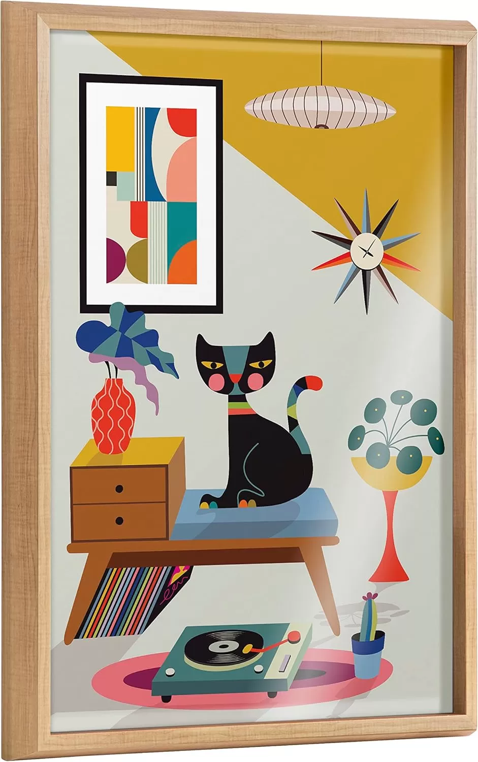 imageKate and Laurel Blake Record Player Framed Printed Glass Wall Art by Rachel Lee of My Dream Wall 18x24 Natural Decorative Colorful Animal Art Print for Wall