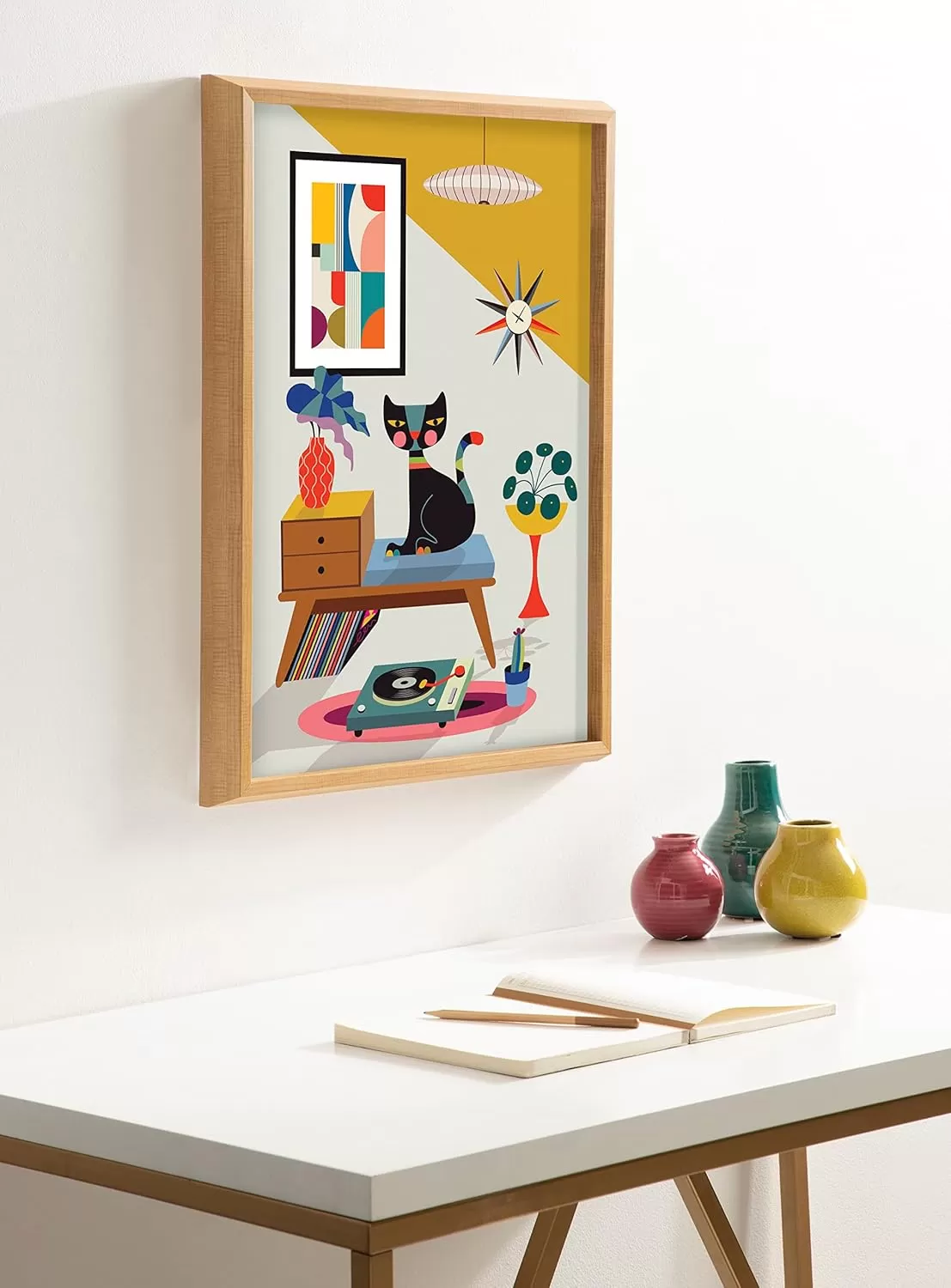 imageKate and Laurel Blake Record Player Framed Printed Glass Wall Art by Rachel Lee of My Dream Wall 18x24 Natural Decorative Colorful Animal Art Print for Wall