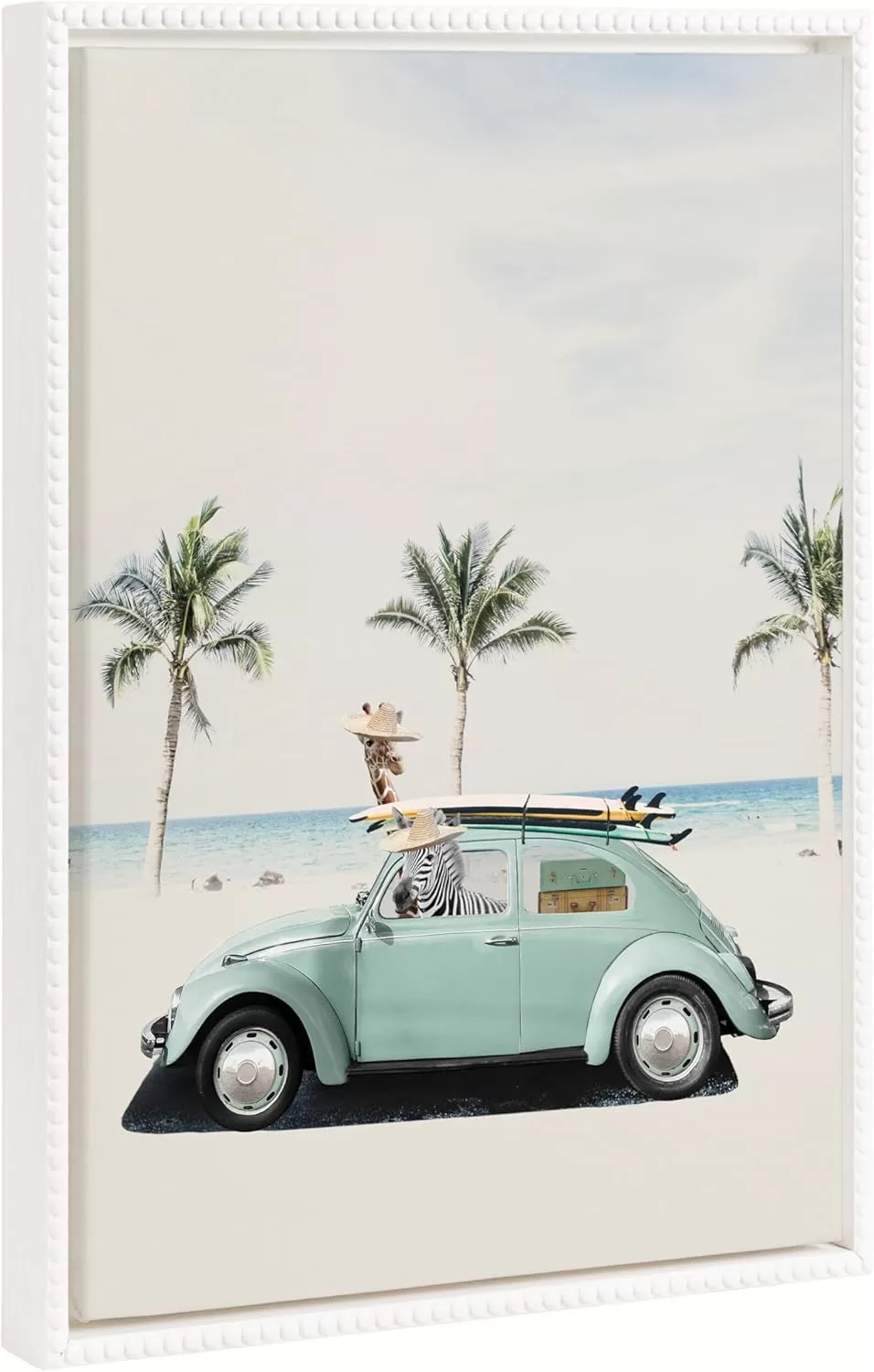 imageKate and Laurel Sylvie Beaded Summer Adventures Vintage Framed Canvas Wall Art by July Art Prints 18x24 White Zoo Animal Beach Car Wall Decor