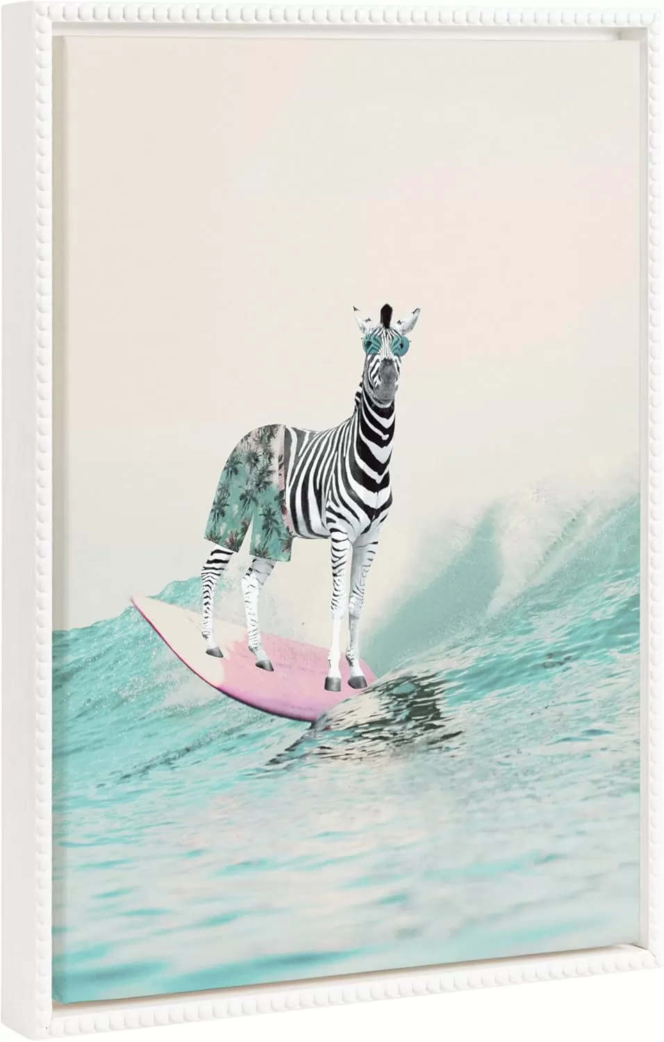 imageKate and Laurel Sylvie Beaded Zebra Surfer Vintage Framed Canvas Wall Art by July Art Prints 18x24 White Modern Zoo Animal Ocean Wall Decor