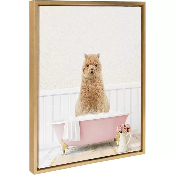 imageKate and Laurel Sylvie Alpaca in Cottage Rose Bath Framed Canvas Wall Art by Amy Peterson Art Studio 18x24 Gold Modern Fun Decorative Bathtub Wall Art for Home DcorGold