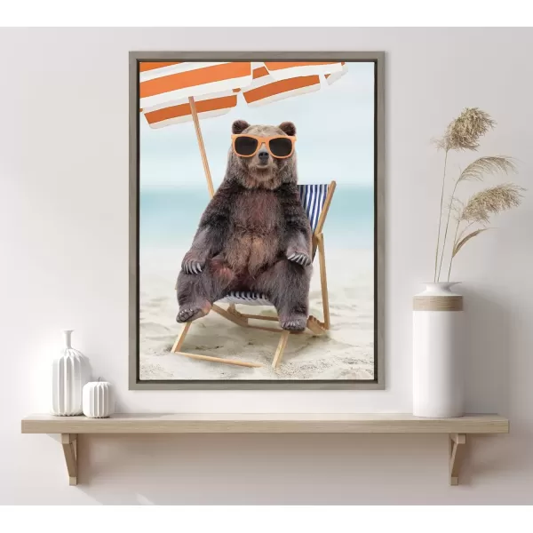 imageKate and Laurel Sylvie Beach Chair Bear Framed Canvas Wall Art by Amy Peterson Art Studio 18x24 Gray Colorful Beach Animal Wall DecorGray