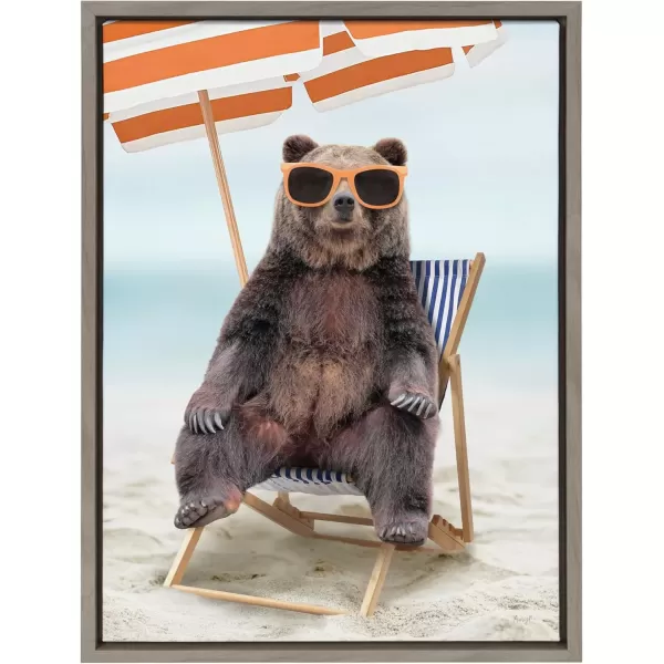 imageKate and Laurel Sylvie Beach Chair Bear Framed Canvas Wall Art by Amy Peterson Art Studio 18x24 Gray Colorful Beach Animal Wall DecorGray