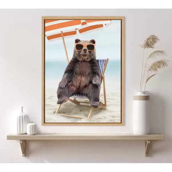 imageKate and Laurel Sylvie Beach Chair Bear Framed Canvas Wall Art by Amy Peterson Art Studio 18x24 Gray Colorful Beach Animal Wall DecorNatural